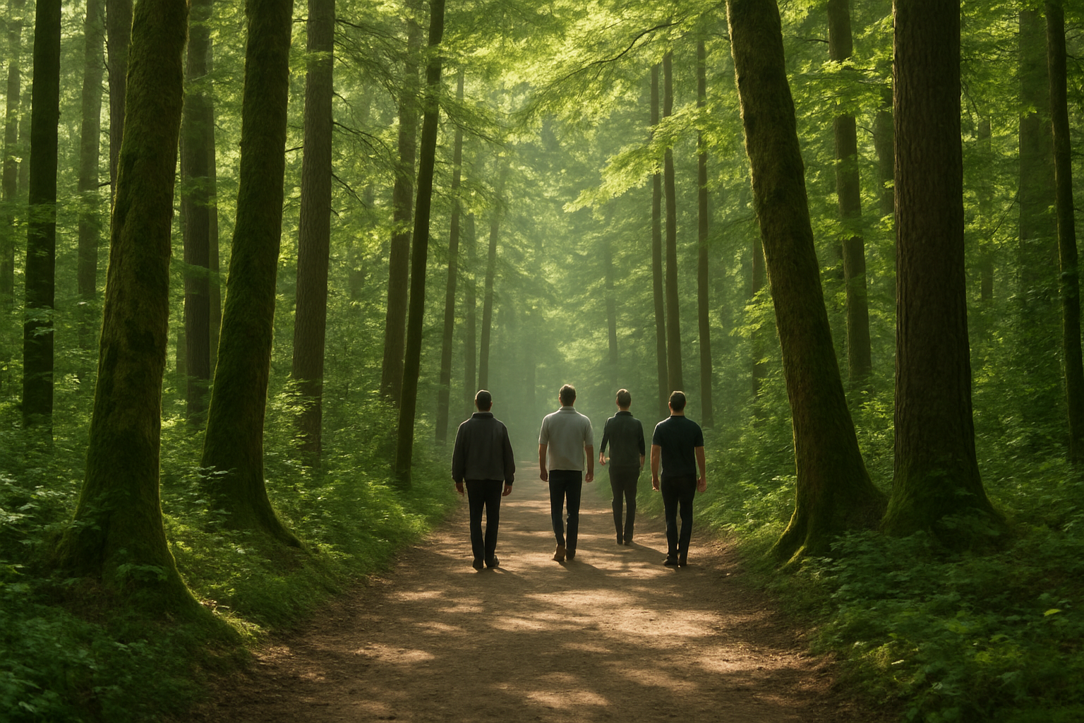 men walking afar in the forest, picture is taken 10m away from the men